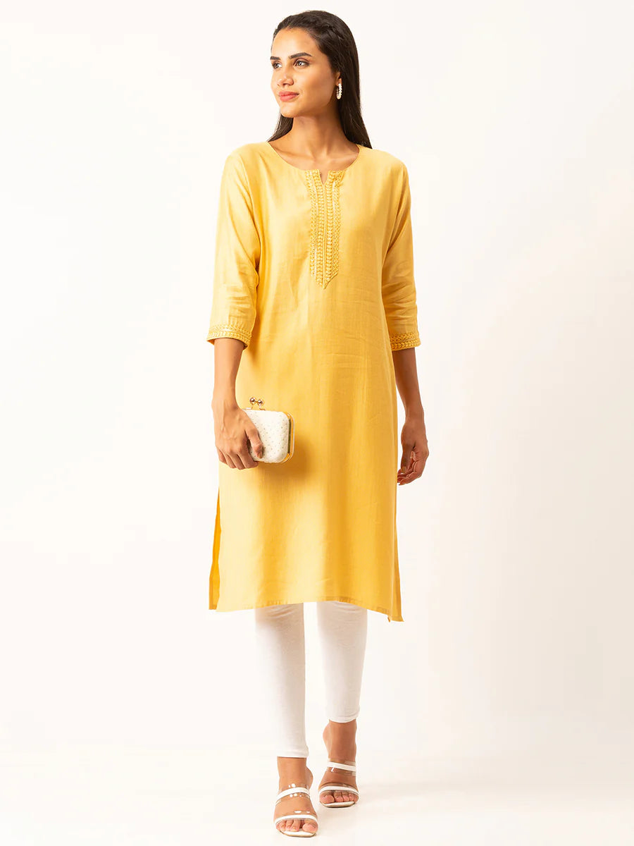 Deep Mustard Embroidered Kurti Top – Jayshrees / Rivaz