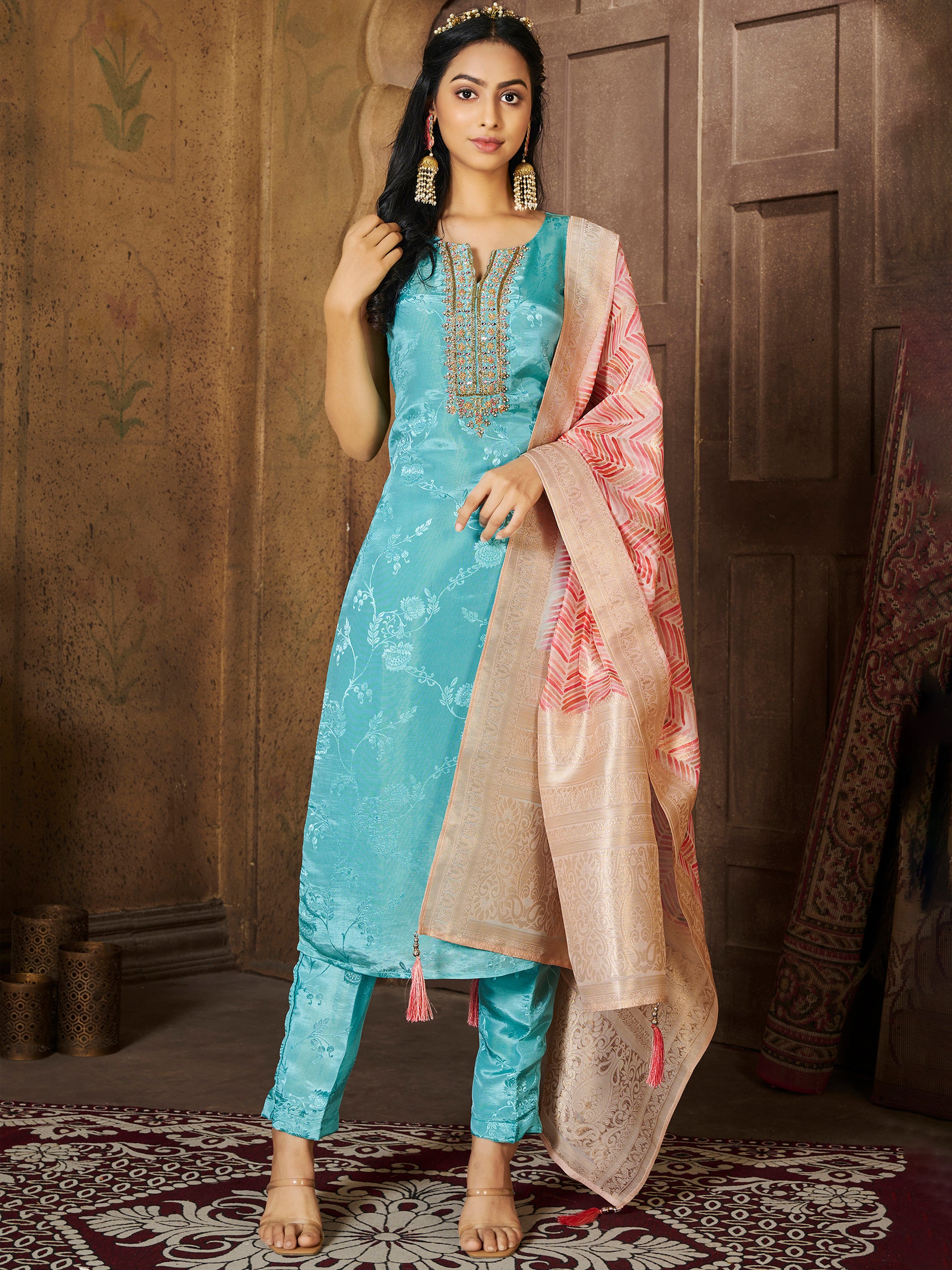 Ladyline Cotton Chikhan Work Printed Salwar Kameez Suit Embroidered with  Pure Chiffon Dupatta  Pants Sea Green in Mumbai at best price by ladyline  store  Justdial