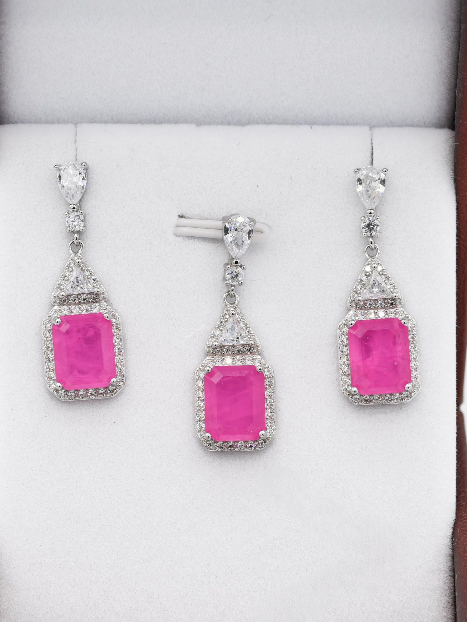 Silver Pink Stone CZ Pendant Set