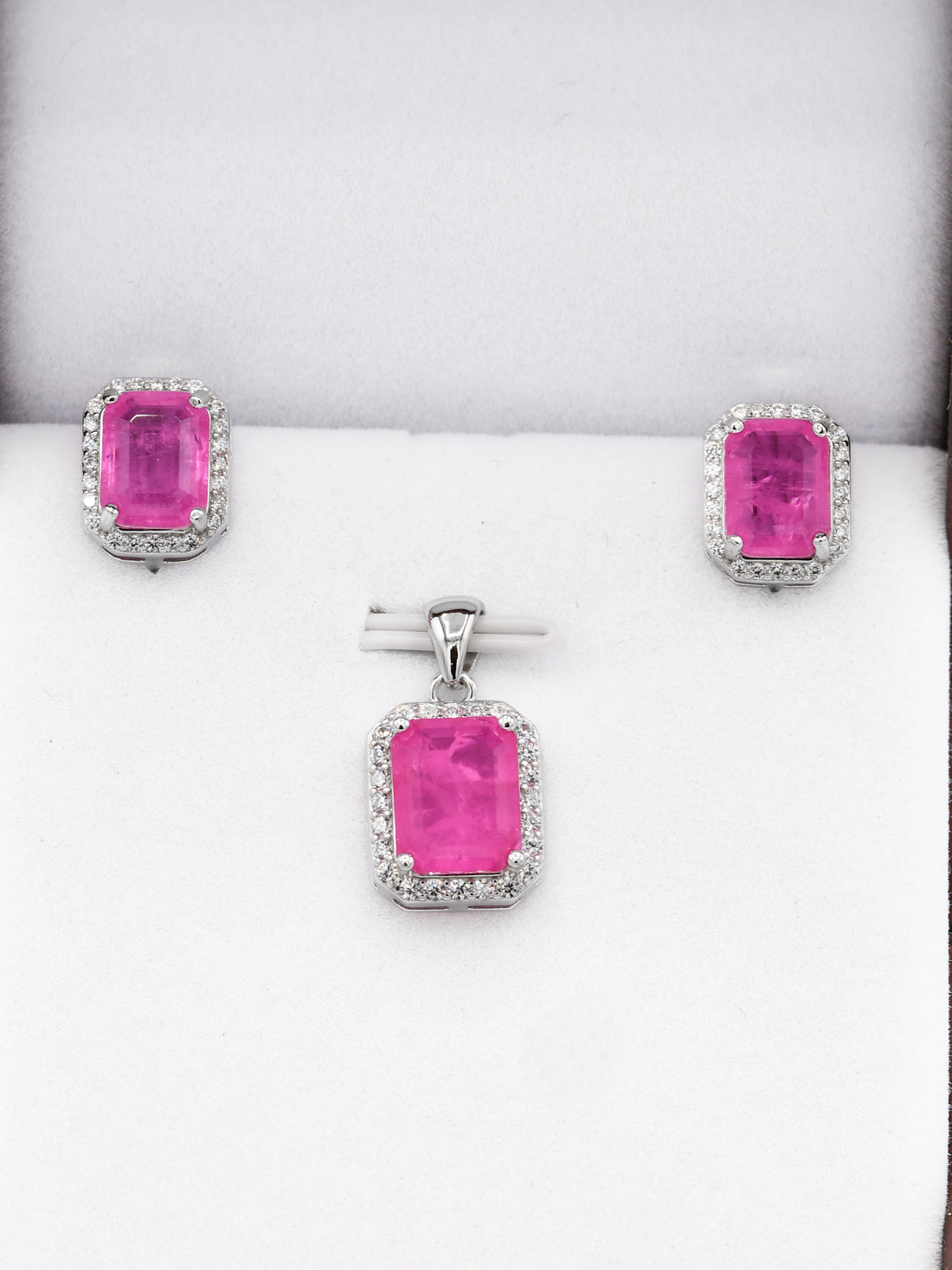 Silver Pink Stone CZ Pendant Set