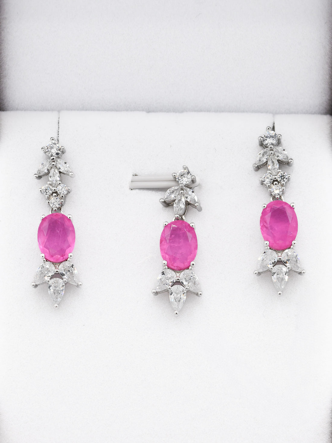 Silver Pink Stone CZ Pendant Set