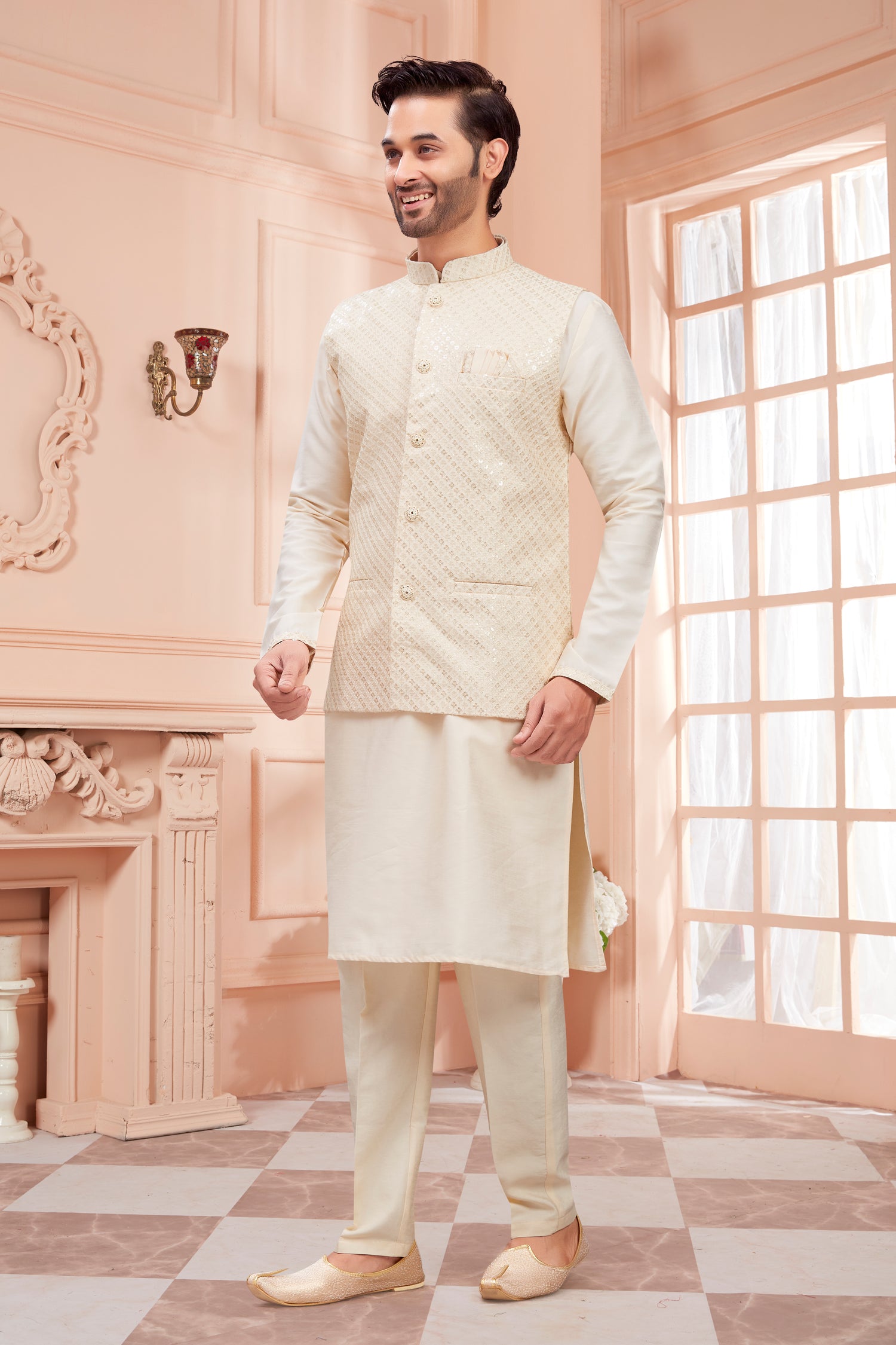 Mens Kurta Set With Tiki Embroidered Jacket