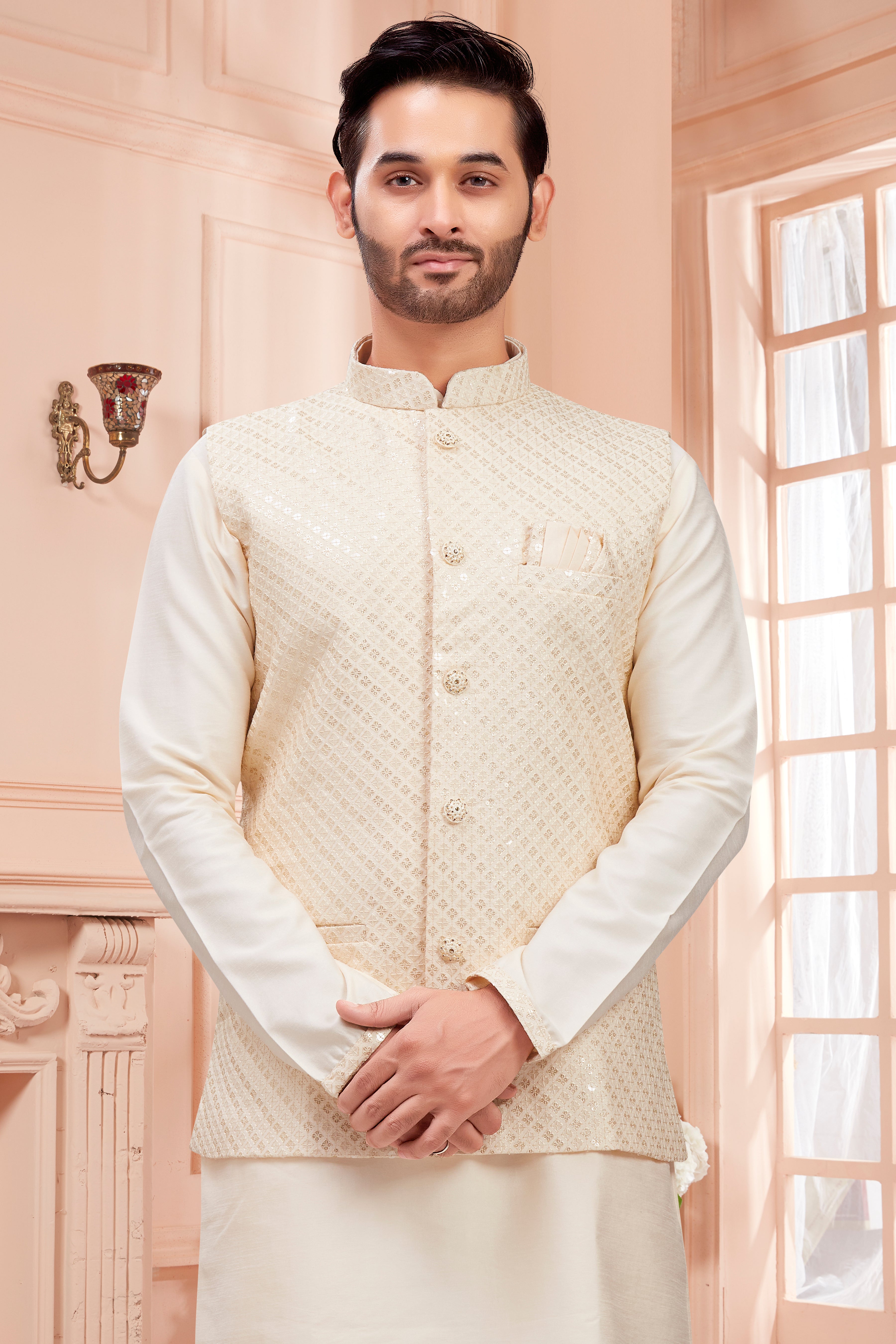 Mens Kurta Set With Tiki Embroidered Jacket