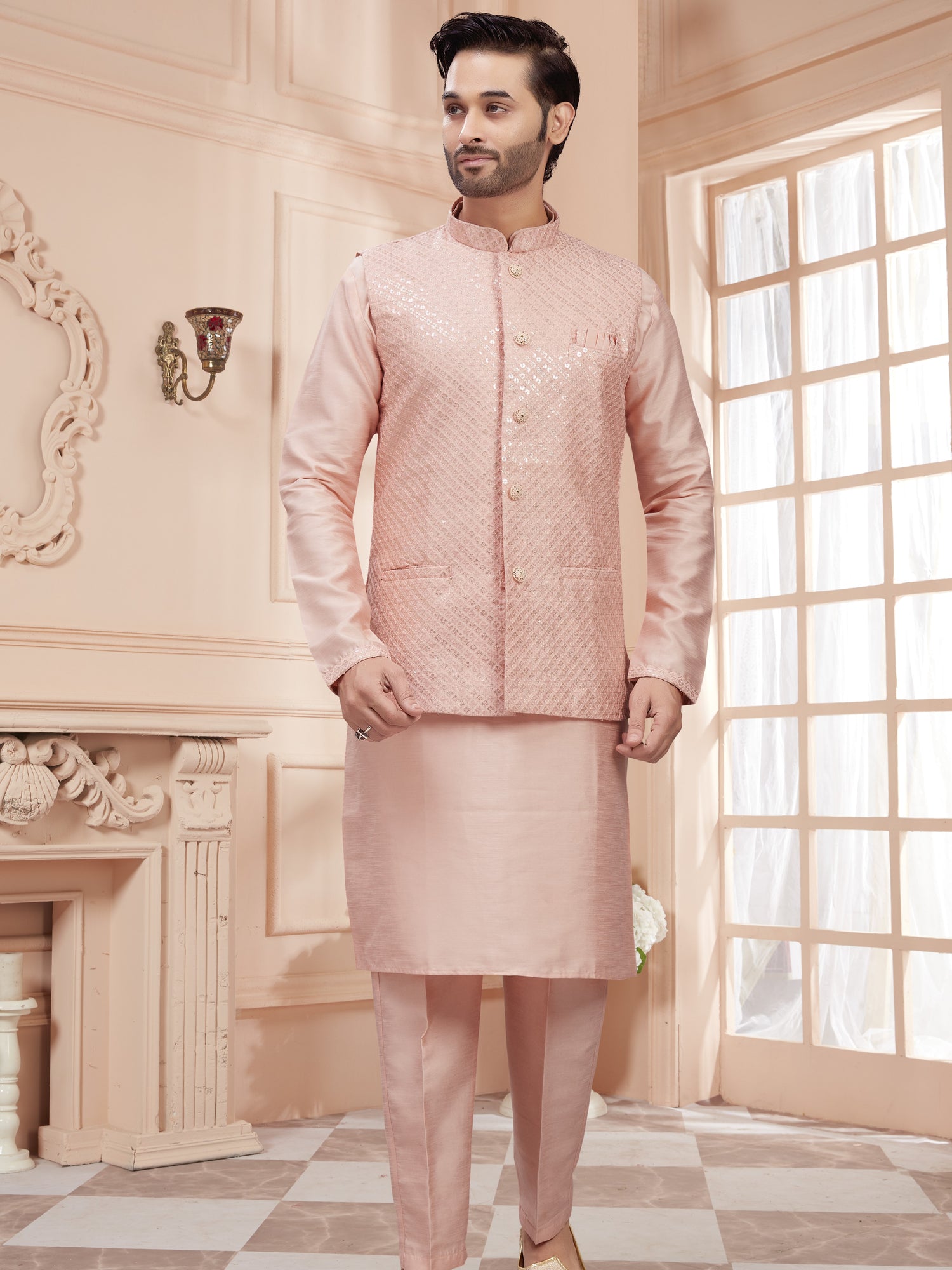 Mens Kurta Set With Tiki Embroidered Jacket