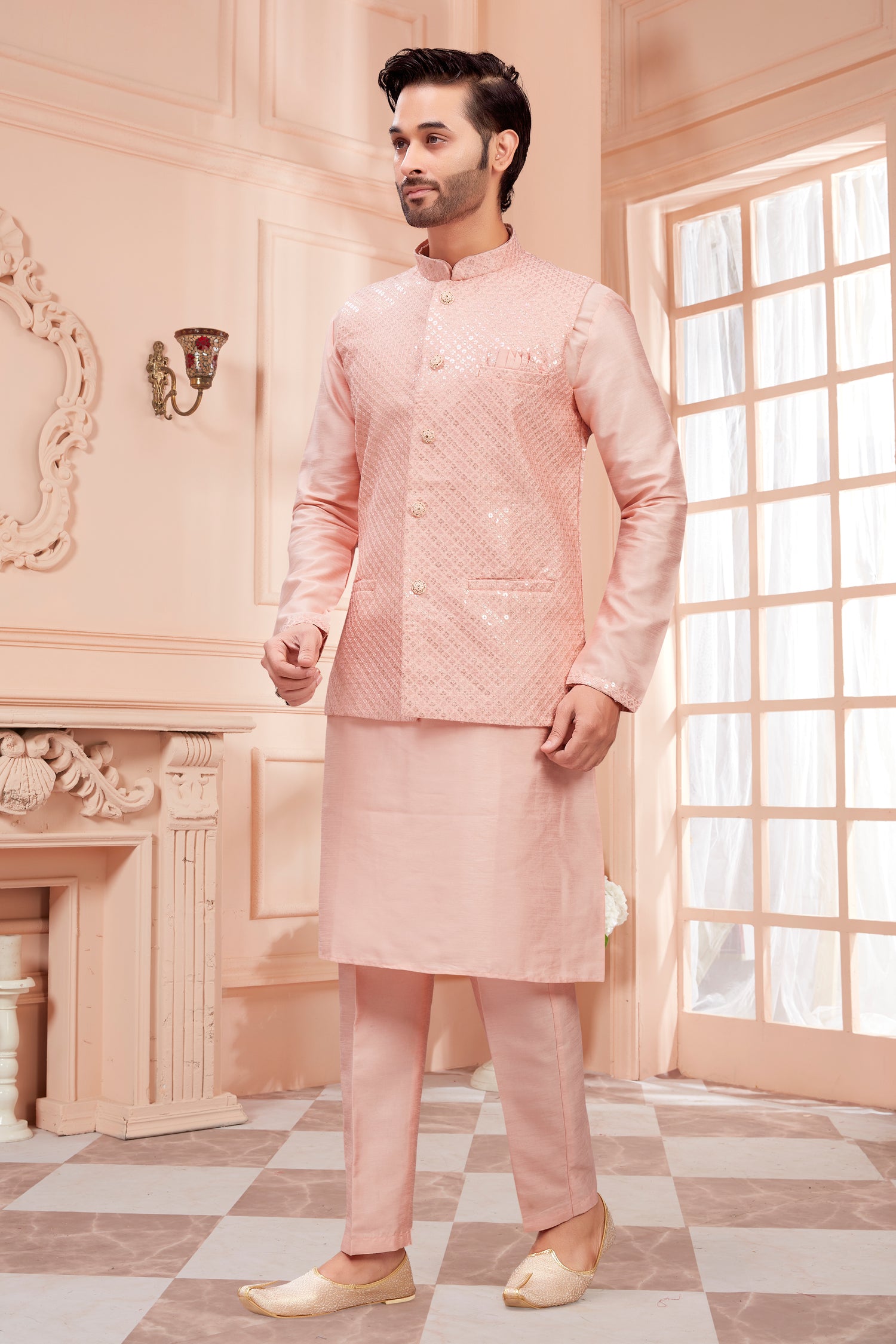 Mens Kurta Set With Tiki Embroidered Jacket