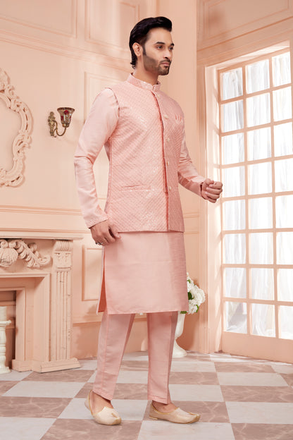 Mens Kurta Set With Tiki Embroidered Jacket