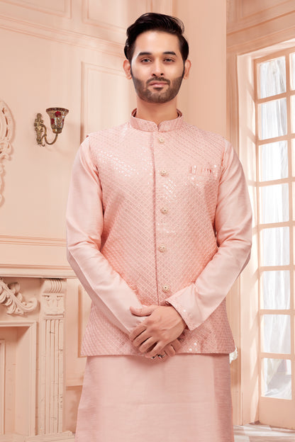 Mens Kurta Set With Tiki Embroidered Jacket