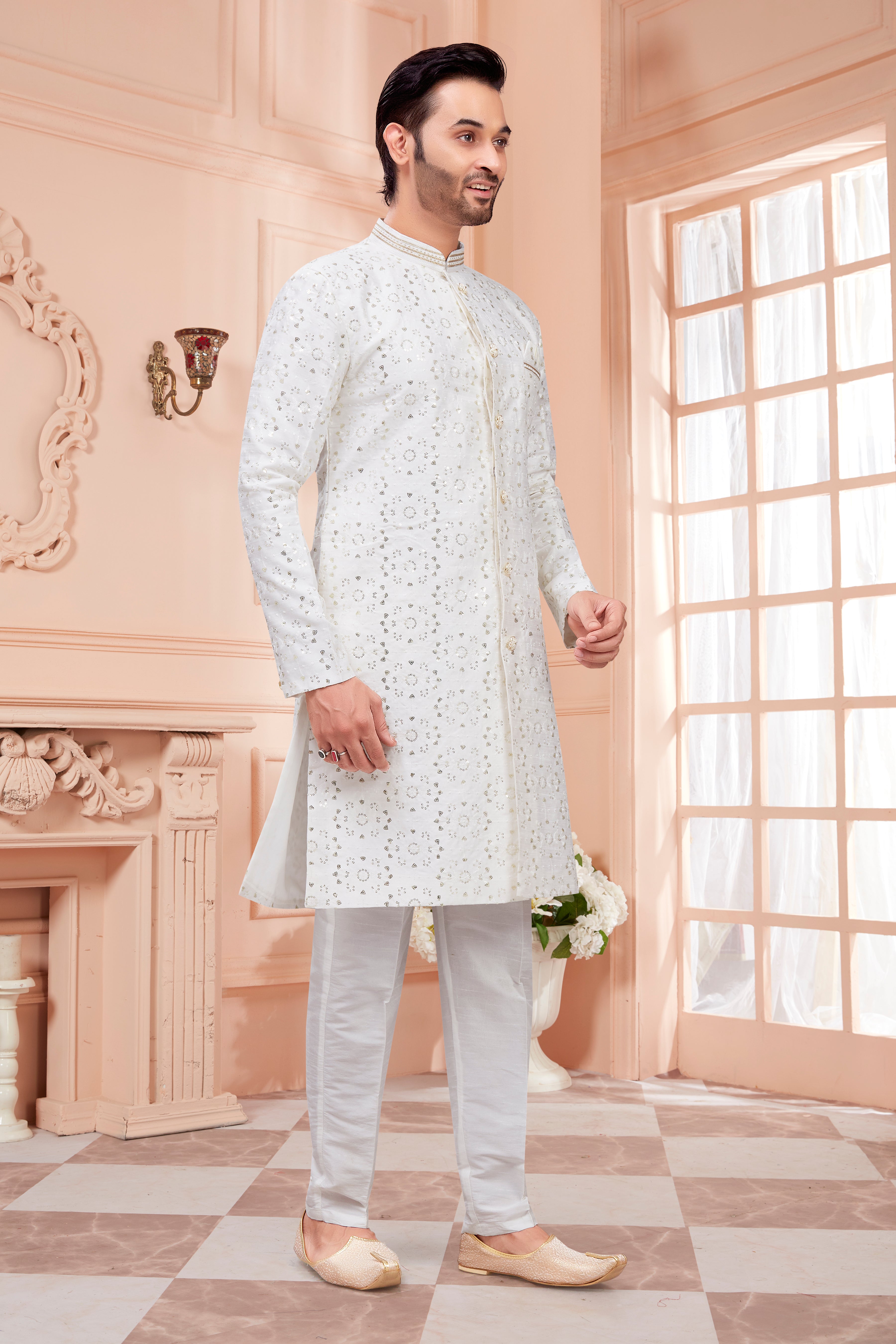 Mens Sequin Embroidered Work Kurta Set