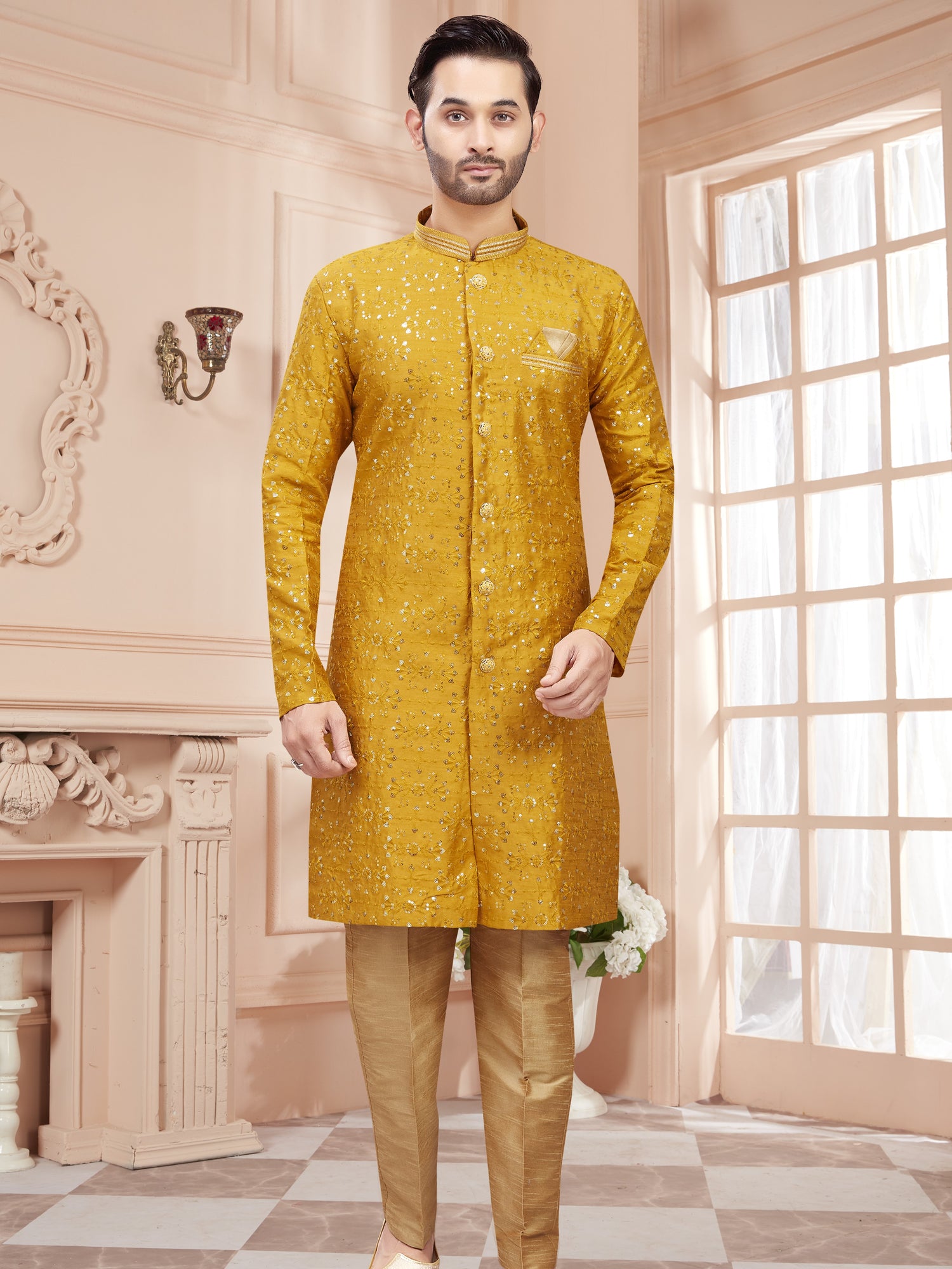 Mens Sequin Embroidered Work Kurta Set