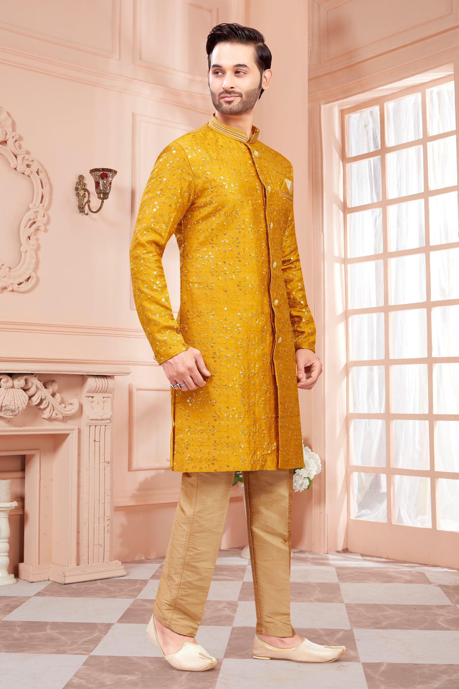 Mens Sequin Embroidered Work Kurta Set