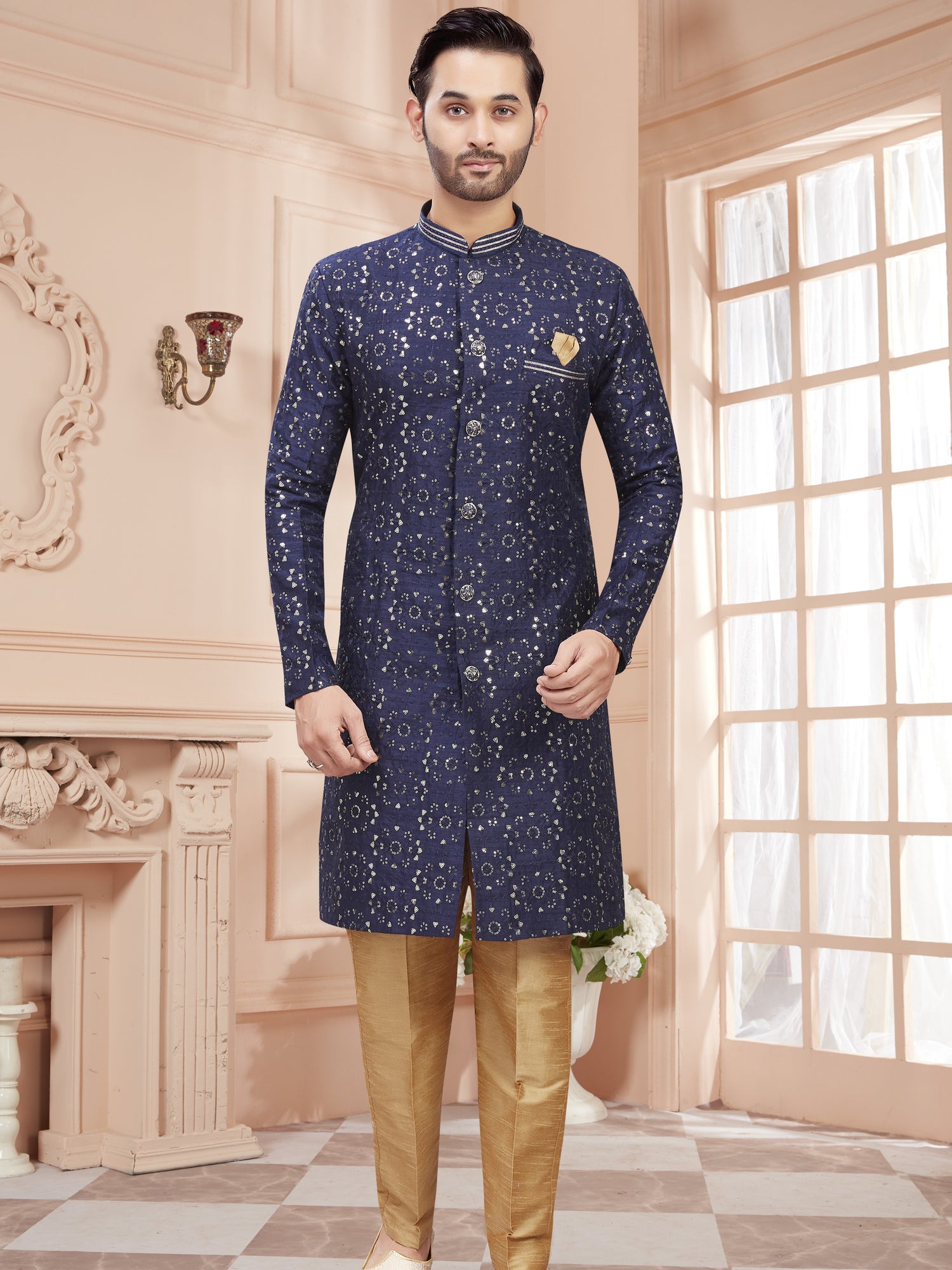 Mens Sequin Embroidered Work Kurta Set