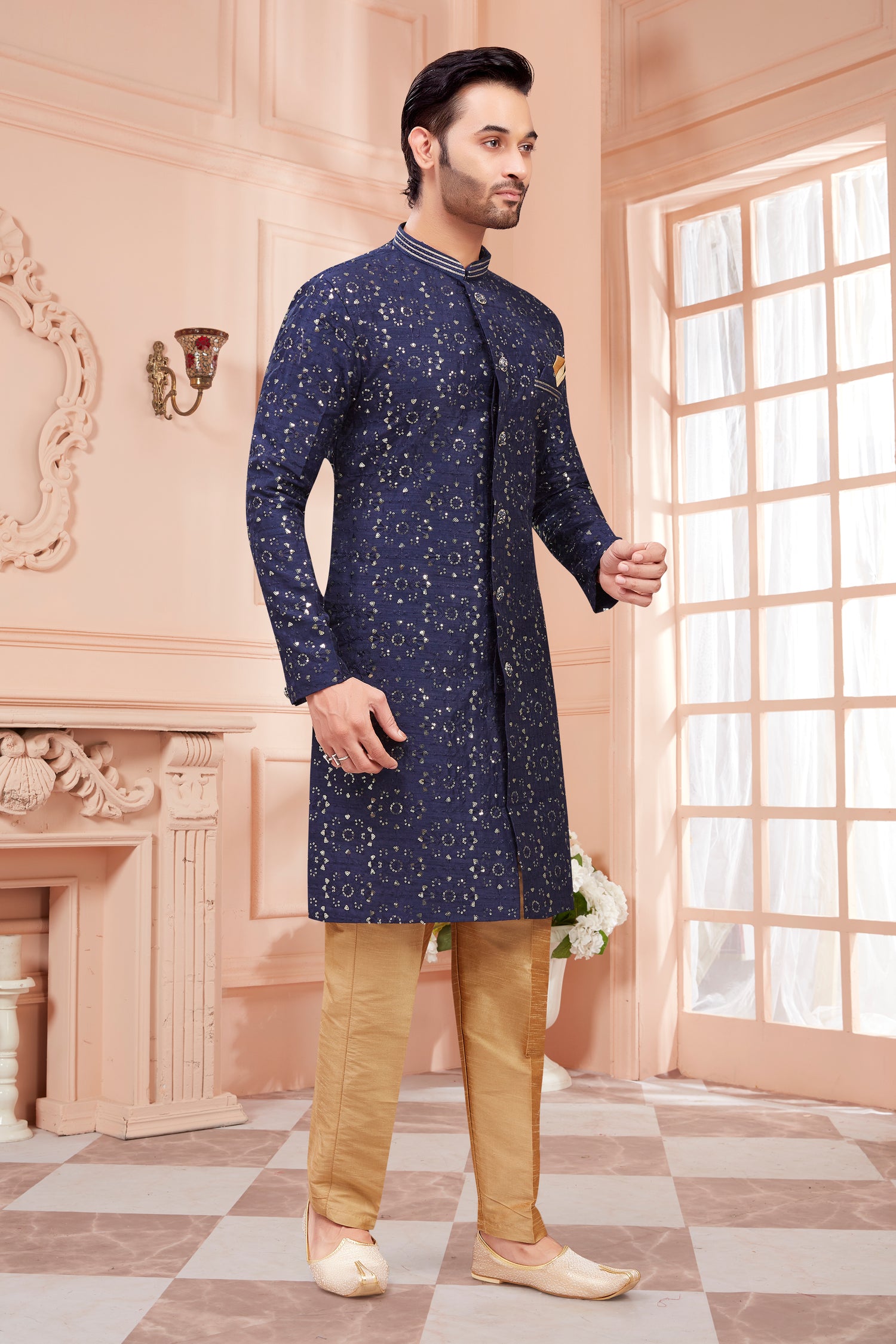 Mens Sequin Embroidered Work Kurta Set