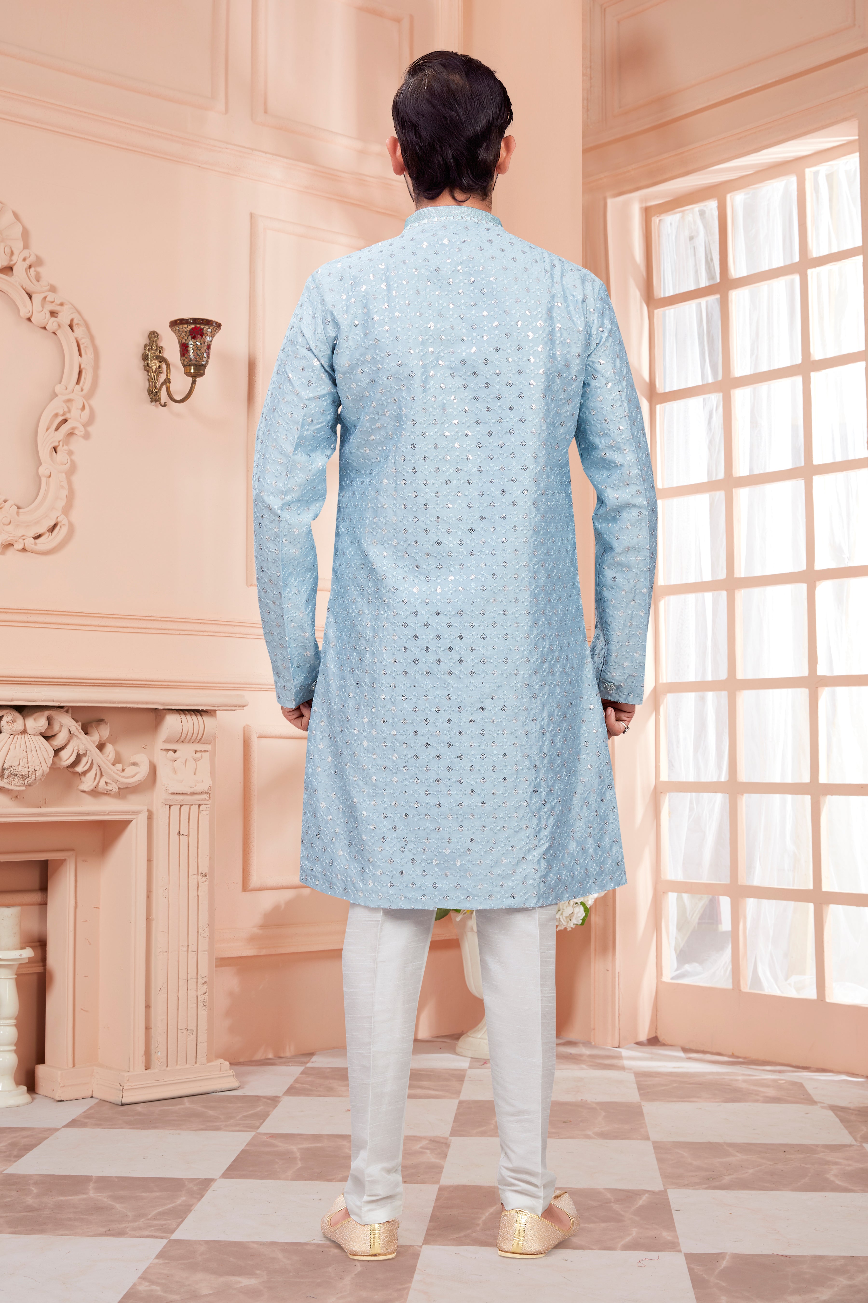 Mens Silver Sequin Embroidered Work Kurta Set