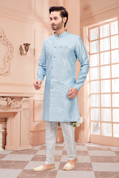 Mens Silver Sequin Embroidered Work Kurta Set