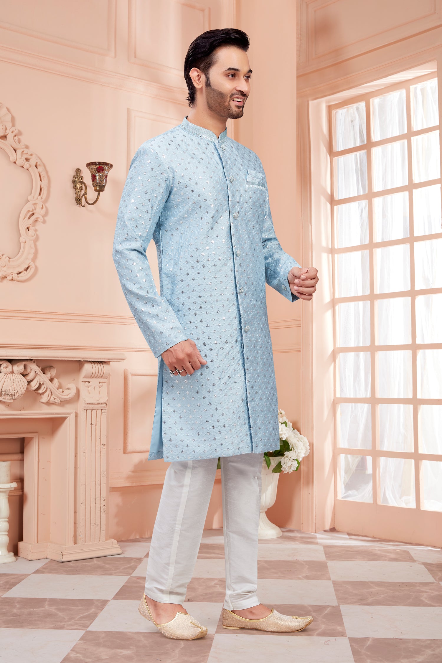 Mens Silver Sequin Embroidered Work Kurta Set