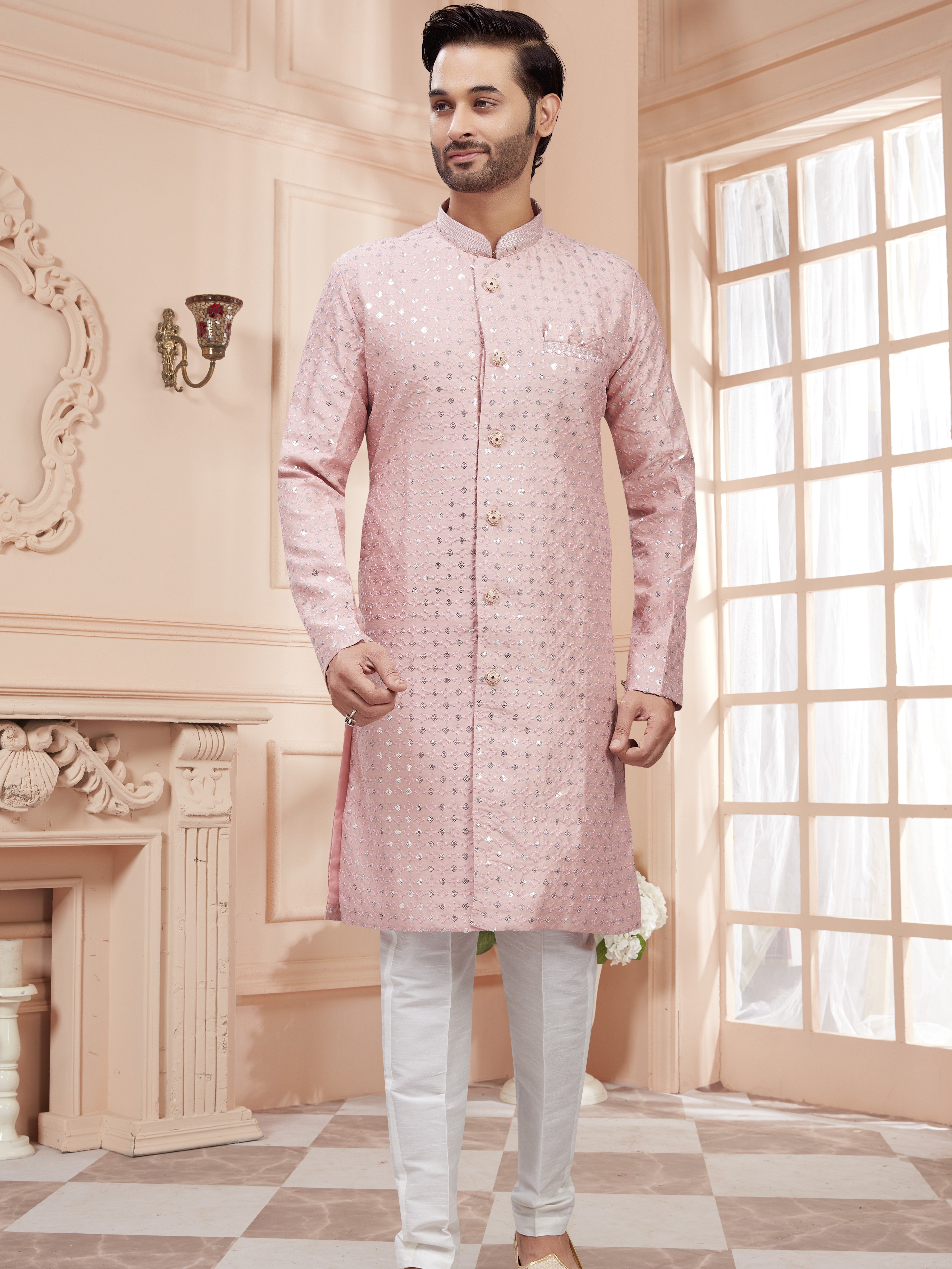 Mens Silver Sequin Embroidered Work Kurta Set