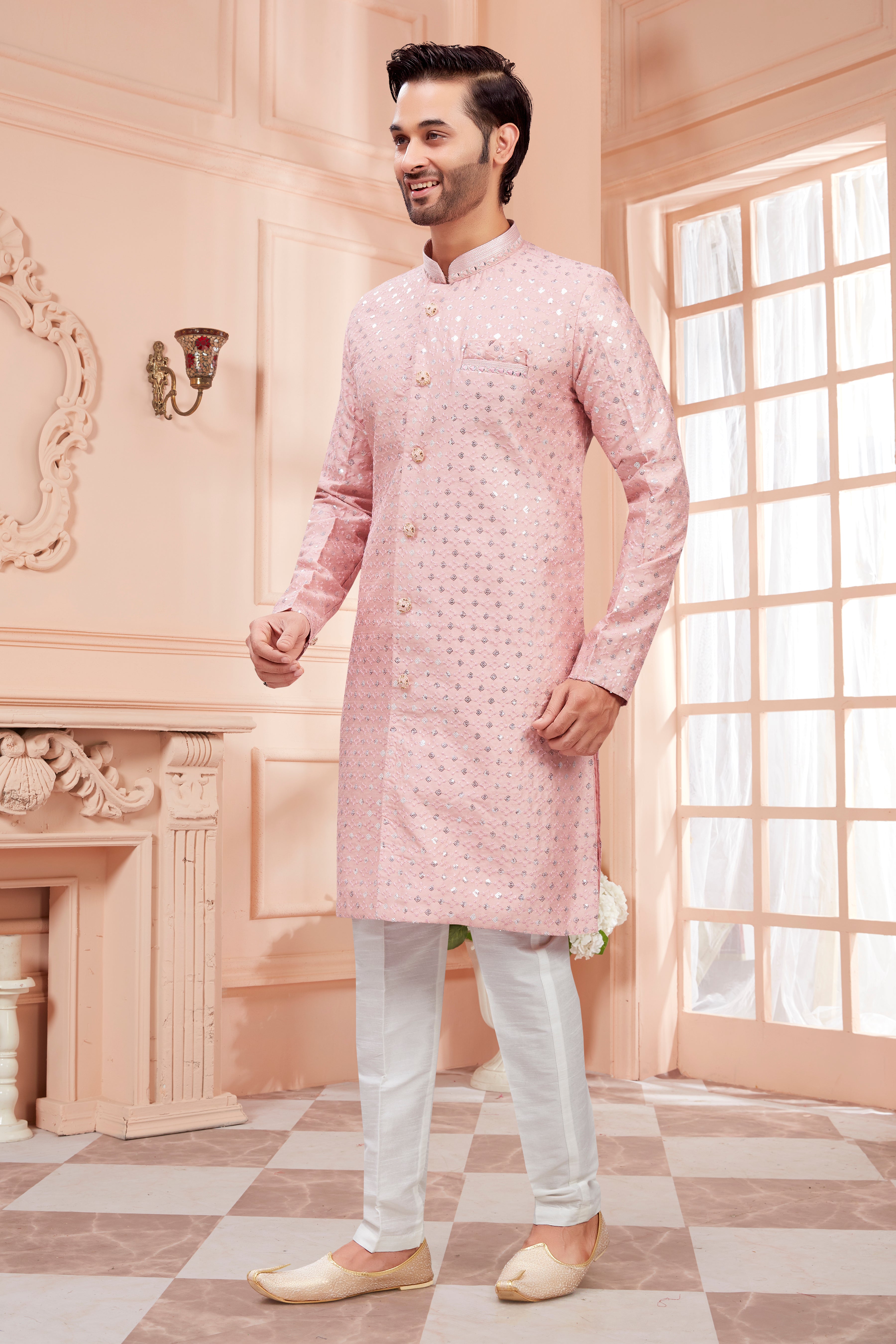 Mens Silver Sequin Embroidered Work Kurta Set