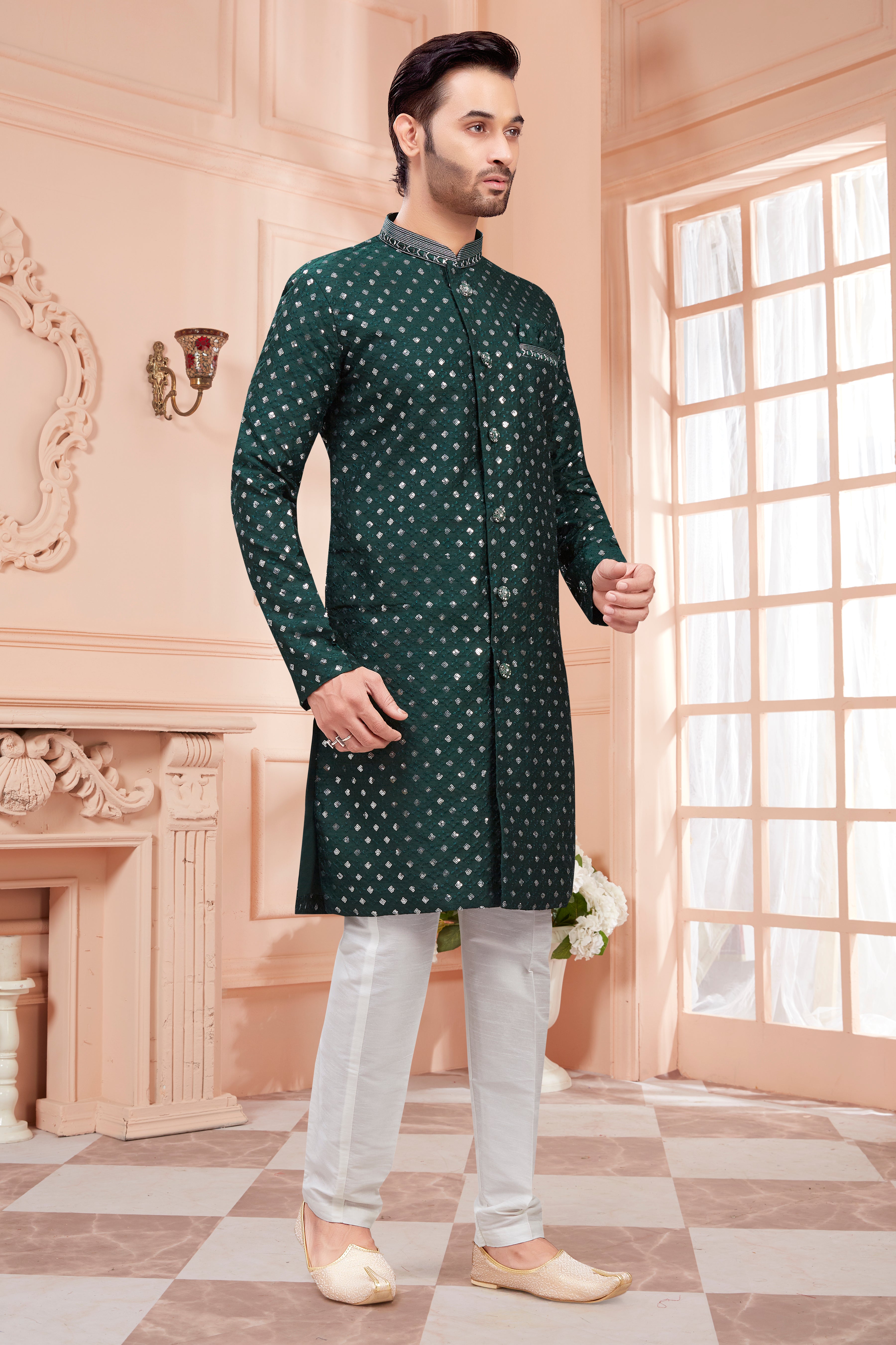 Mens Silver Sequin Embroidered Work Kurta Set