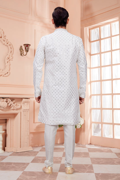 Mens Silver Sequin Embroidered Work Kurta Set