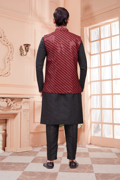 Mens Kurta Set With Tiki Embroidered Jacket