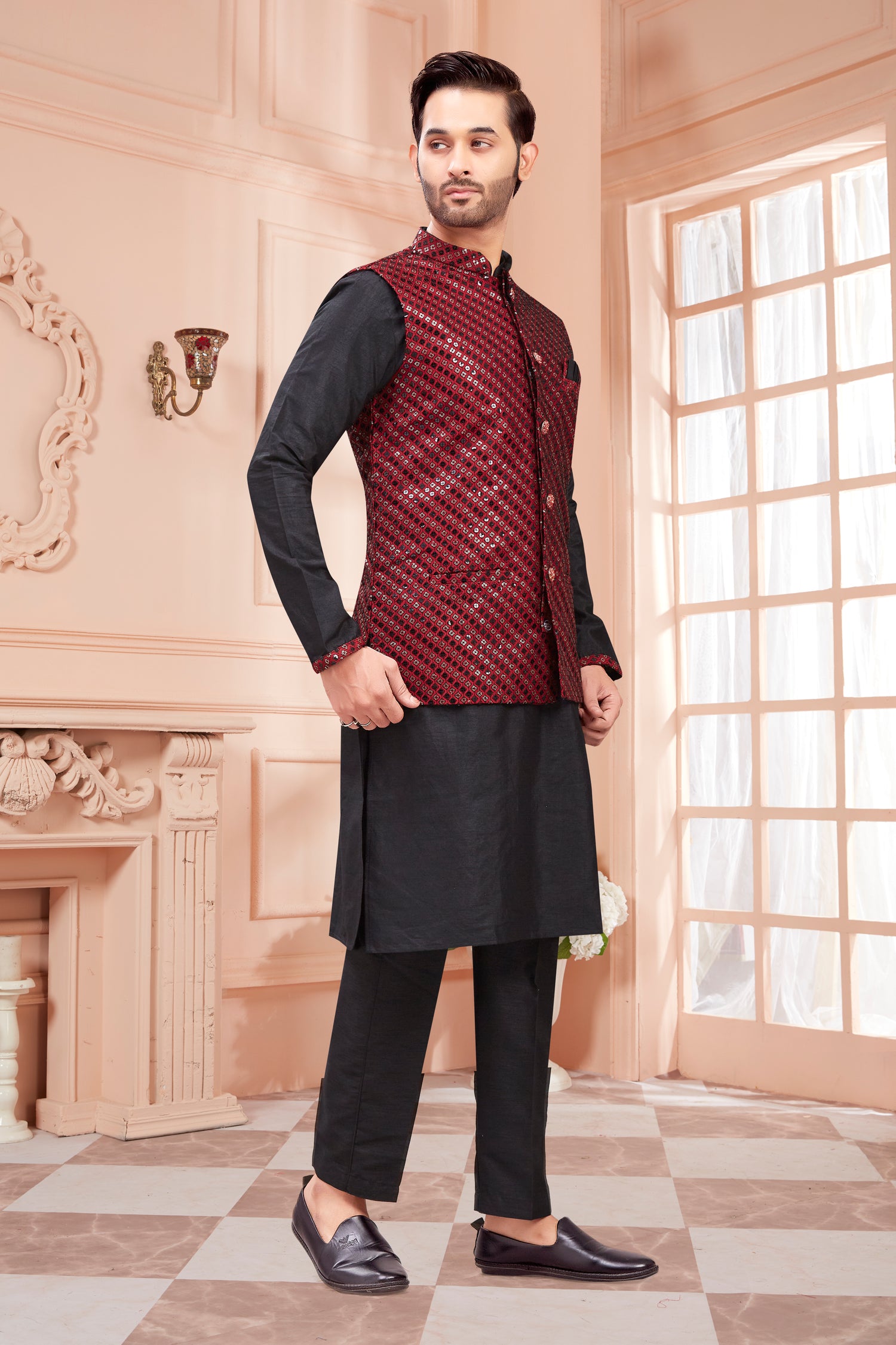 Mens Kurta Set With Tiki Embroidered Jacket