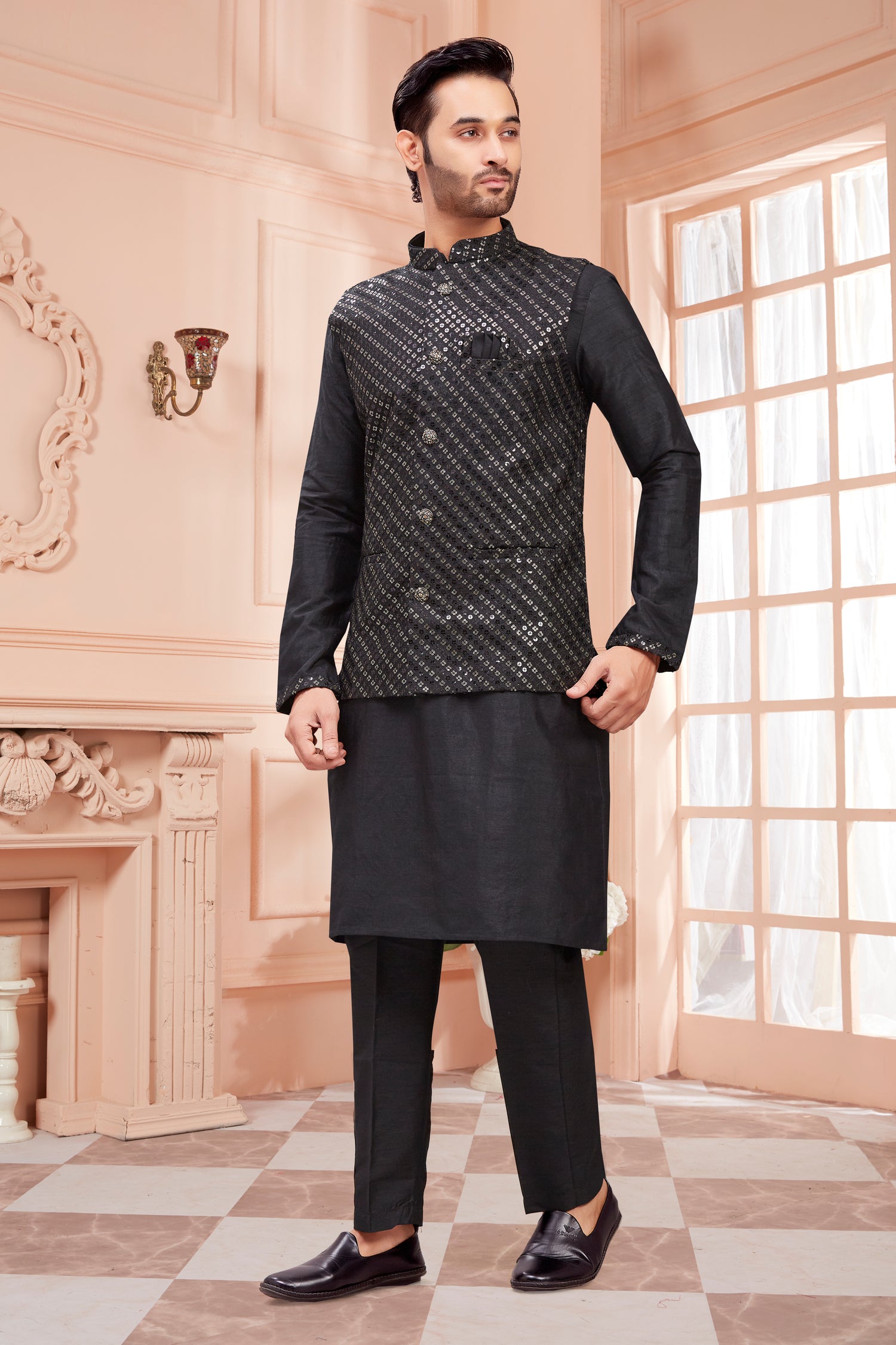 Mens Kurta Set With Tiki Embroidered Jacket